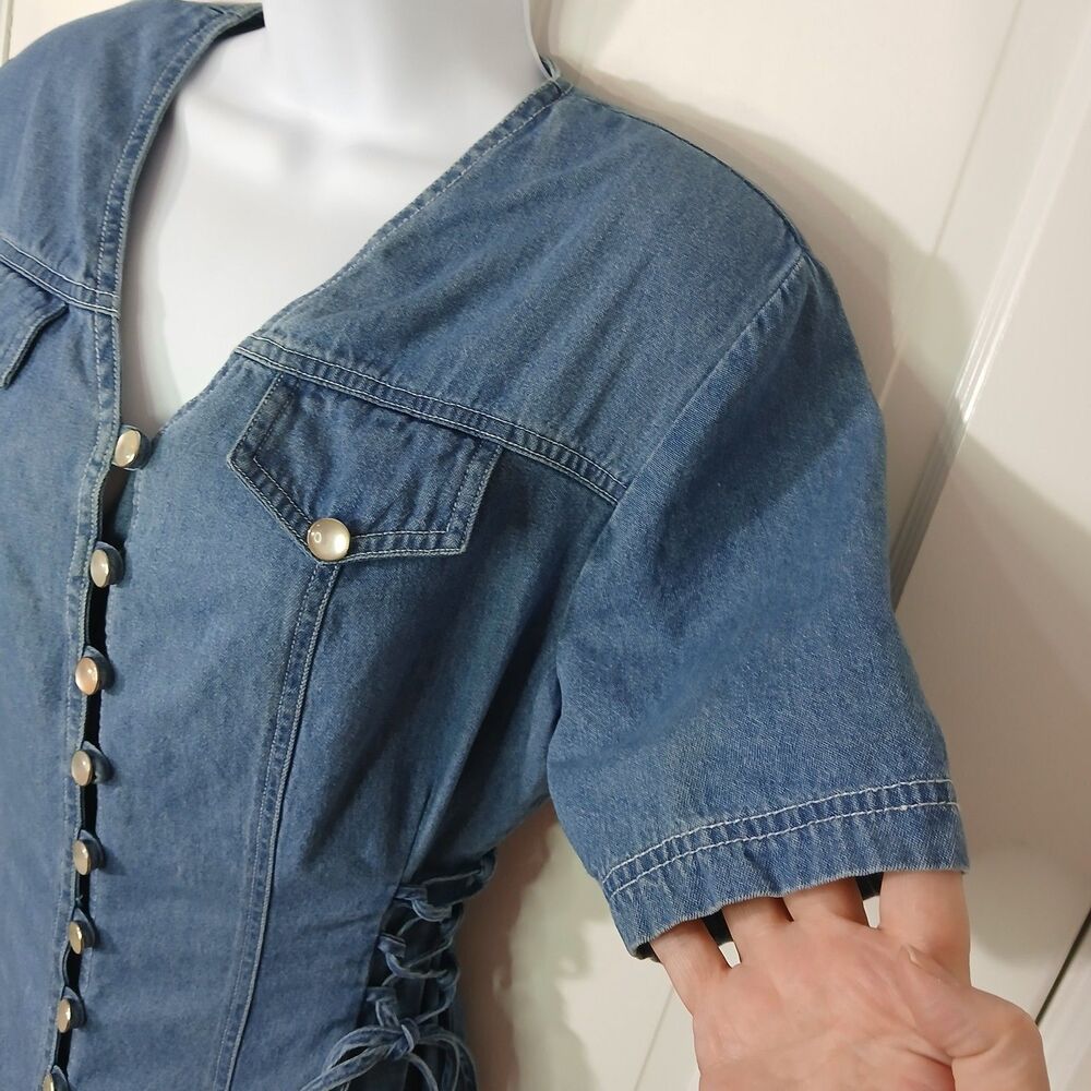 VTG DJ Int’l Denim Midi Dress Size 5/6 Lace Up Corset Sides Button Front 90s Y2K - Picture 11 of 16